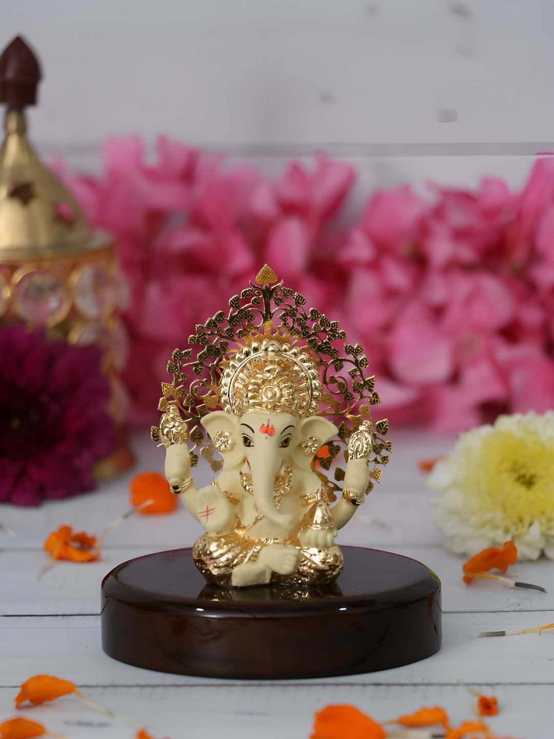 HOUSE OF WEMY Ganesha with Kalpavriksha Yellow Polyresin Glossy Prayer Room Tiny Showpiece - 3 Inches