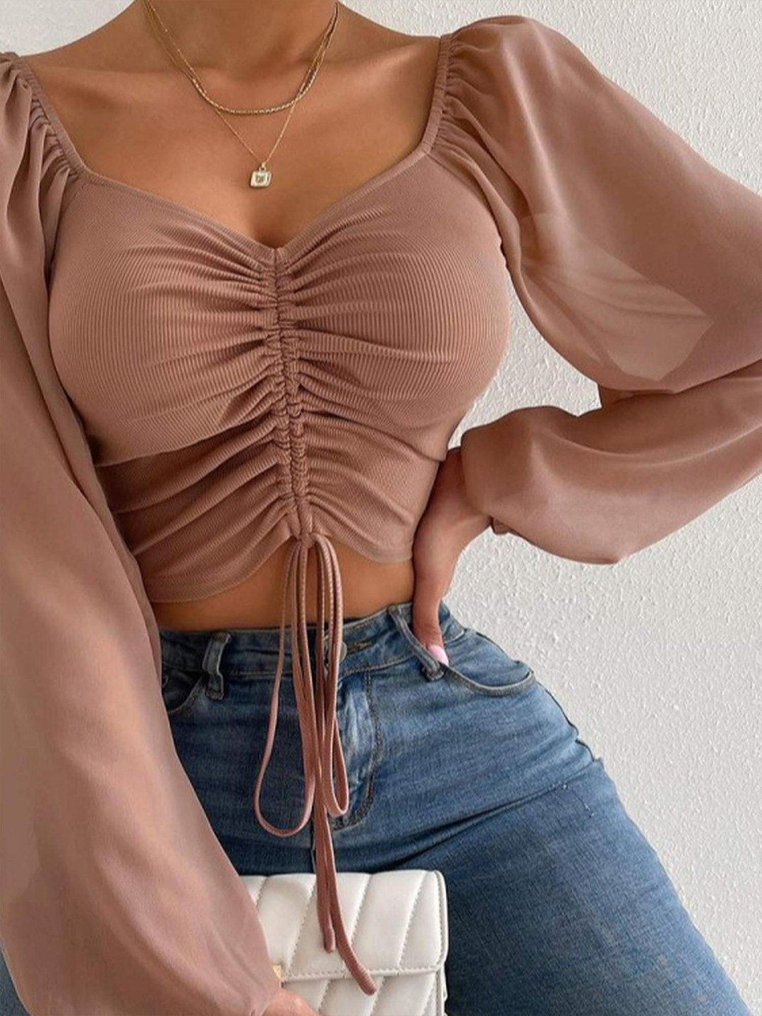 Outzidr Brown Ruched Blouse With Sheer Sleeves