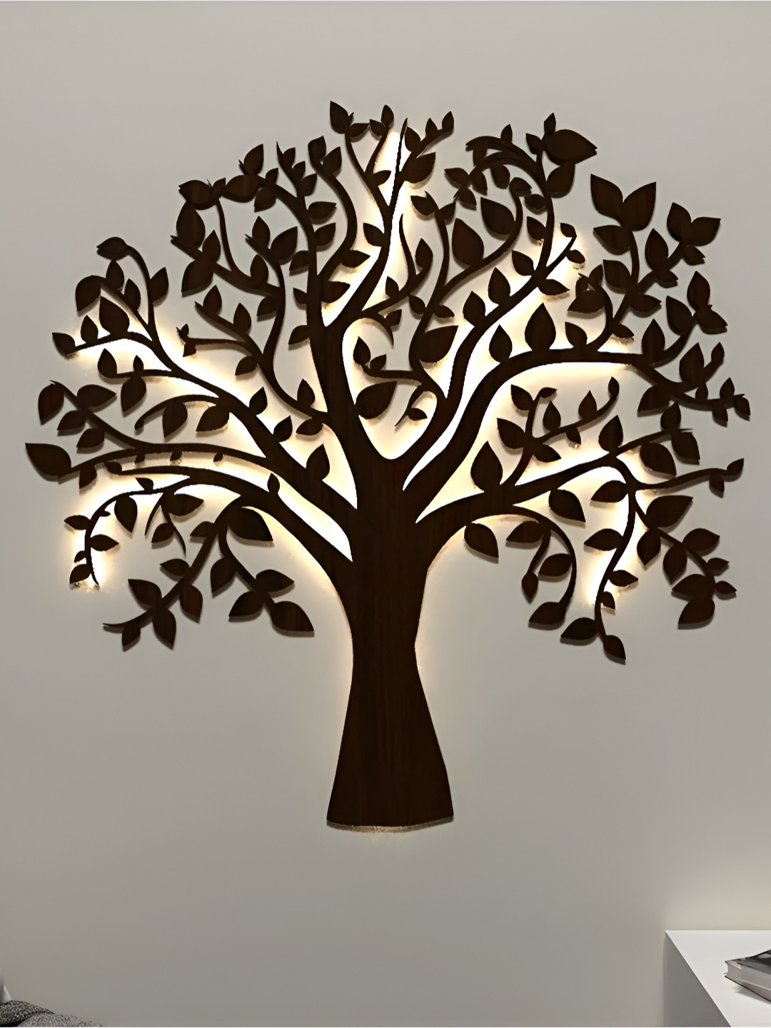 DEKORSTATION Brown Textured Wooden Radiant Tree Shaped Wall Lamp