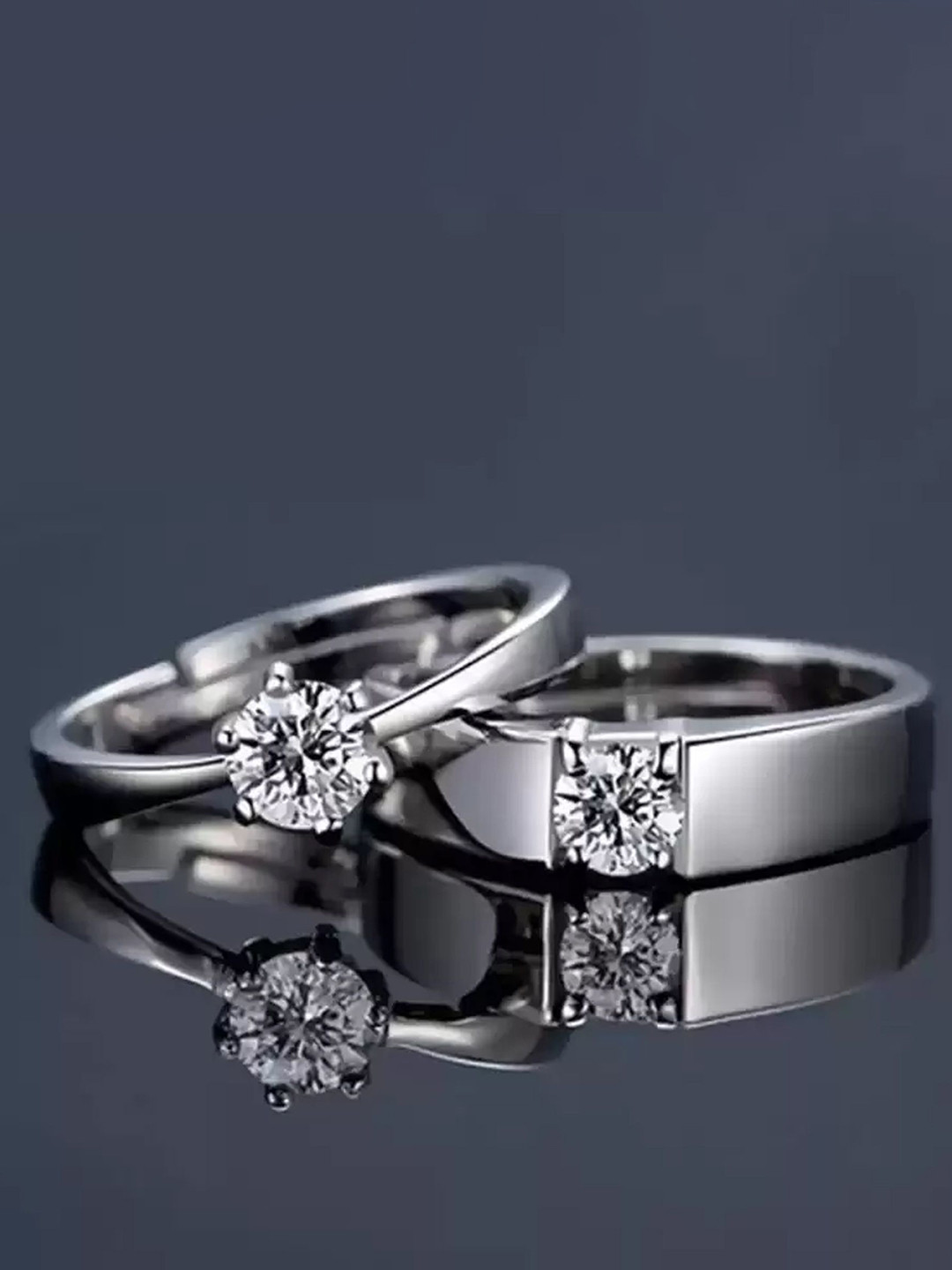 M Men Style Set Of 2 Stainless Steel Silver-Plated Crystal -Studded Couple Finger Rings