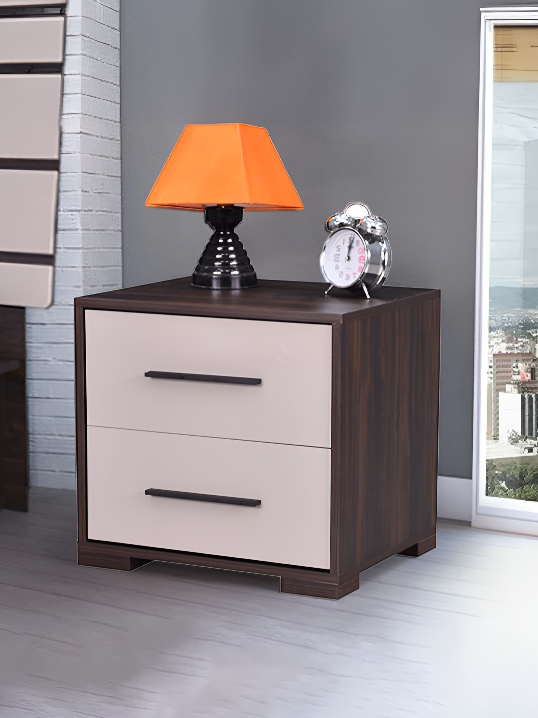 Royaloak Sepang Malaysian White & Brown Rectangular Bedside Table With 2 Drawers