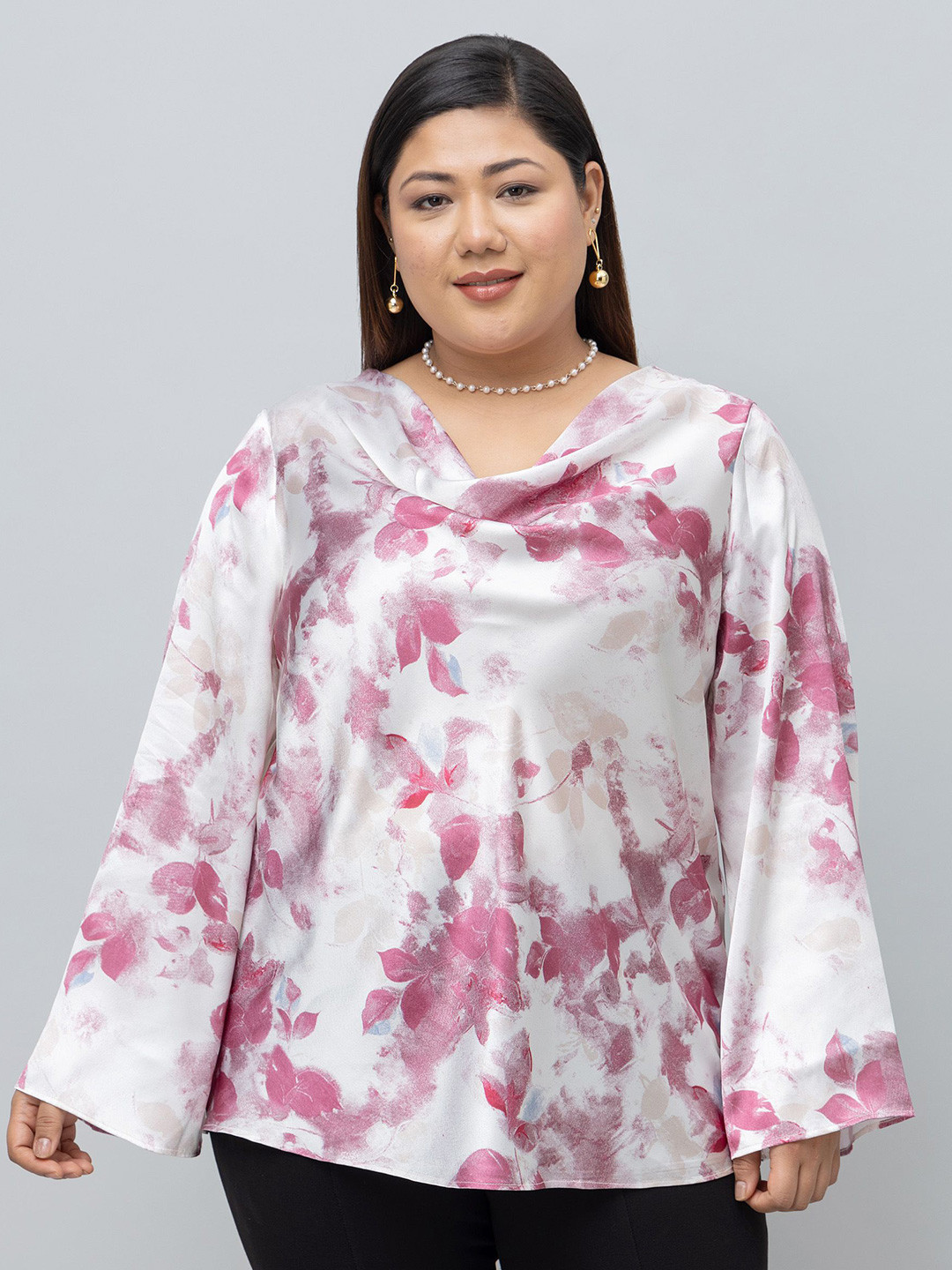 PURYS PLUS Floral Print Cowl Neck Bell Sleeve Satin Top