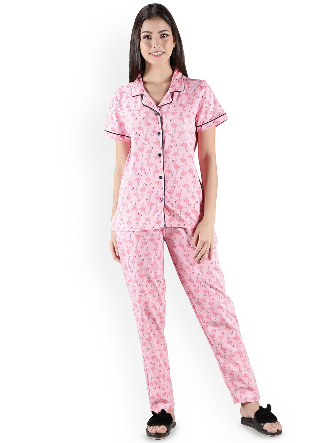 LABEL MY Women Pink Printed Flamingo Collar Shirt & Pyjamas Night suit