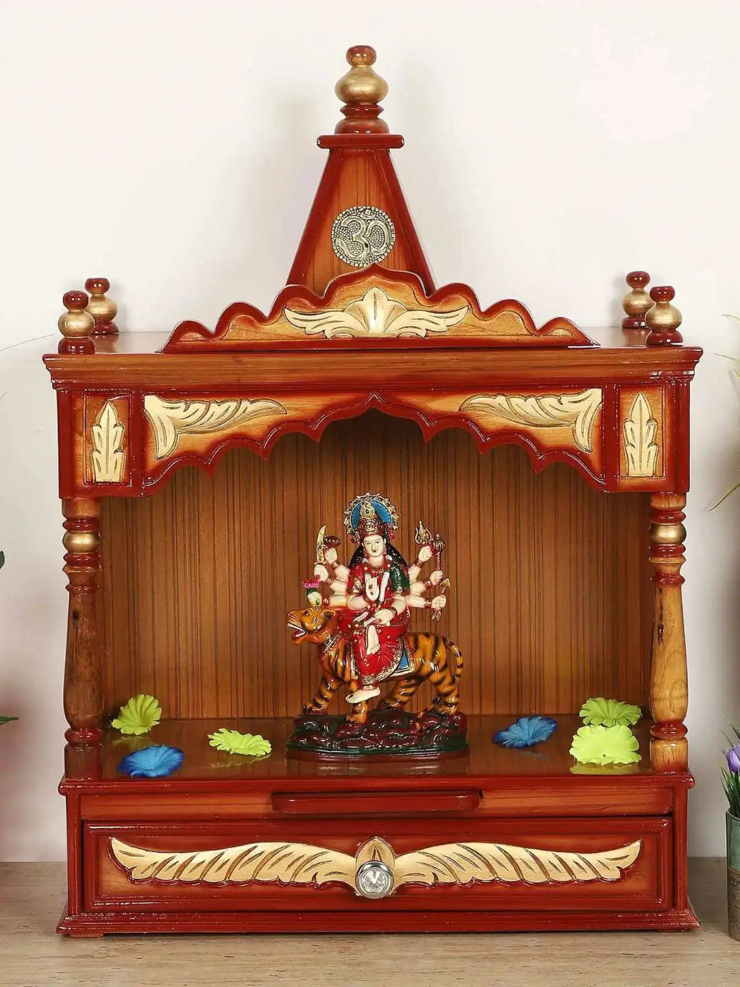 DZYN Furnitures Brown & Yellow Wooden Divya Prakostha Wall Mount Pooja Mandir Without Door