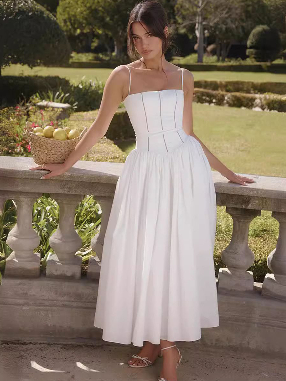 bebe Spaghetti Strap Corset-Style Fit & Flare Maxi Dress