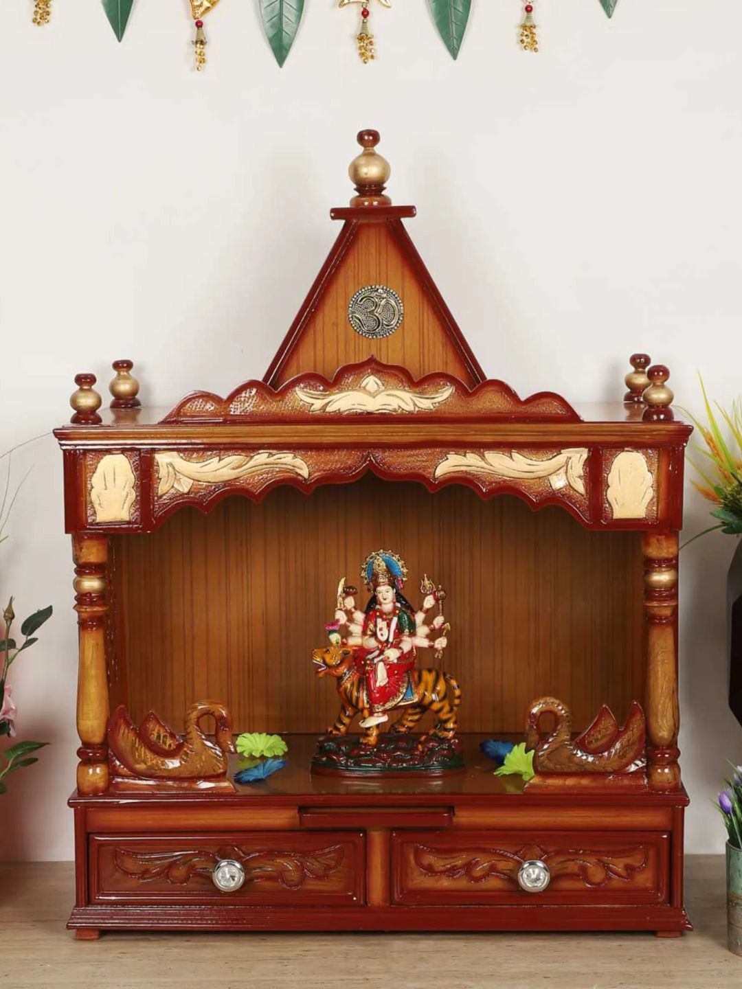 DZYN Furnitures  Brown Textured Wooden Medium Wall Mount Pooja Mandir Temple