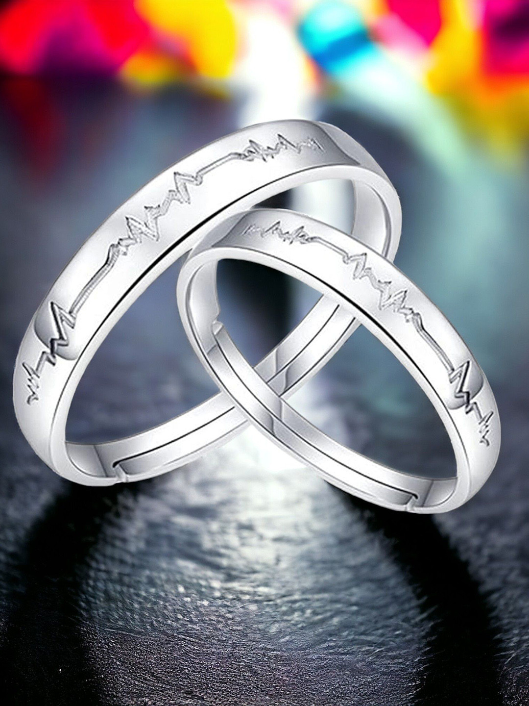 M Men Style Set Of 2 Stainless Steel Silver-Plated Crystal-Studded Couple Finger Rings