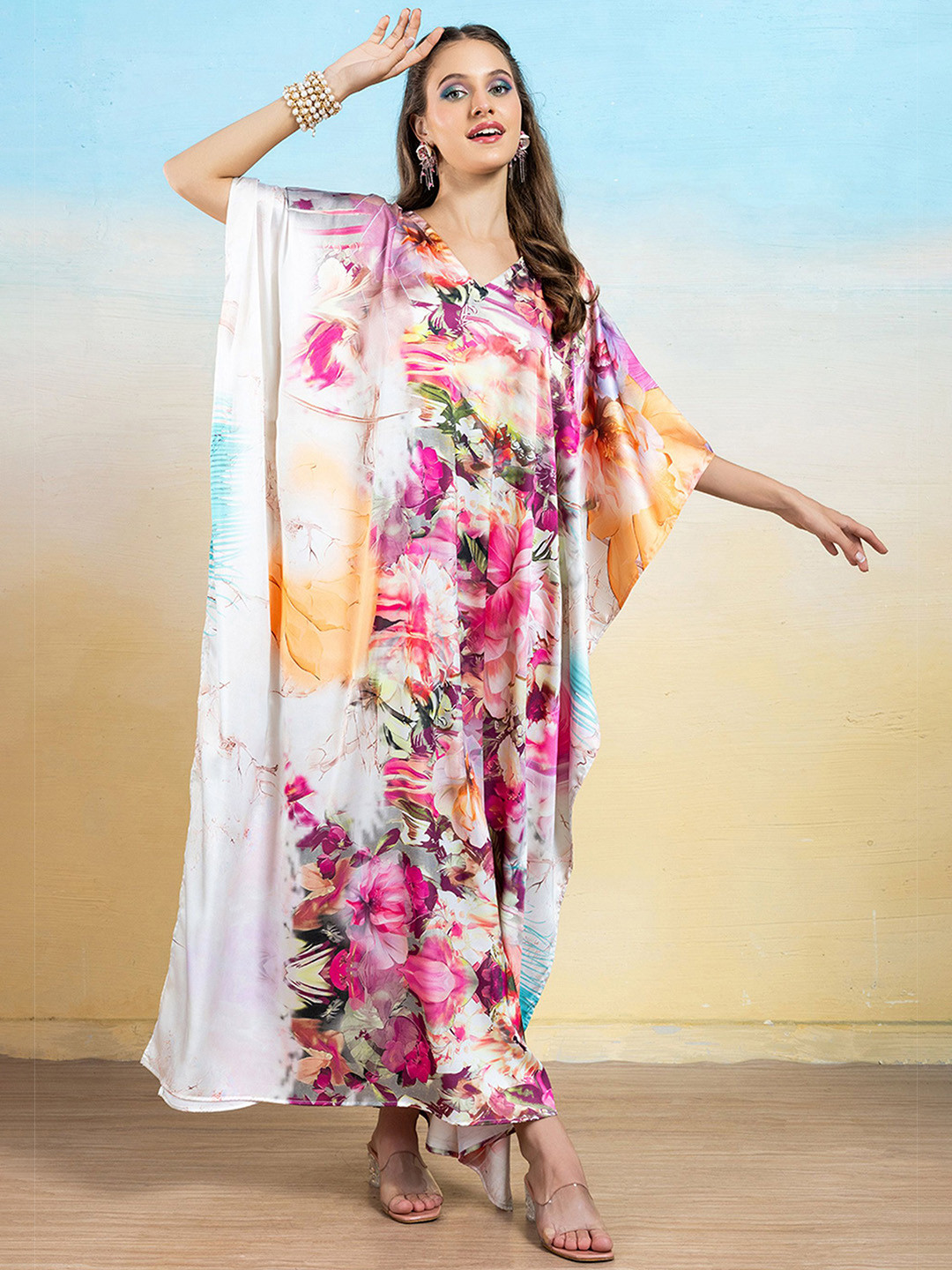 LABEL AARNA Rosette Bloom Soft Satin Women Dress Kaftan