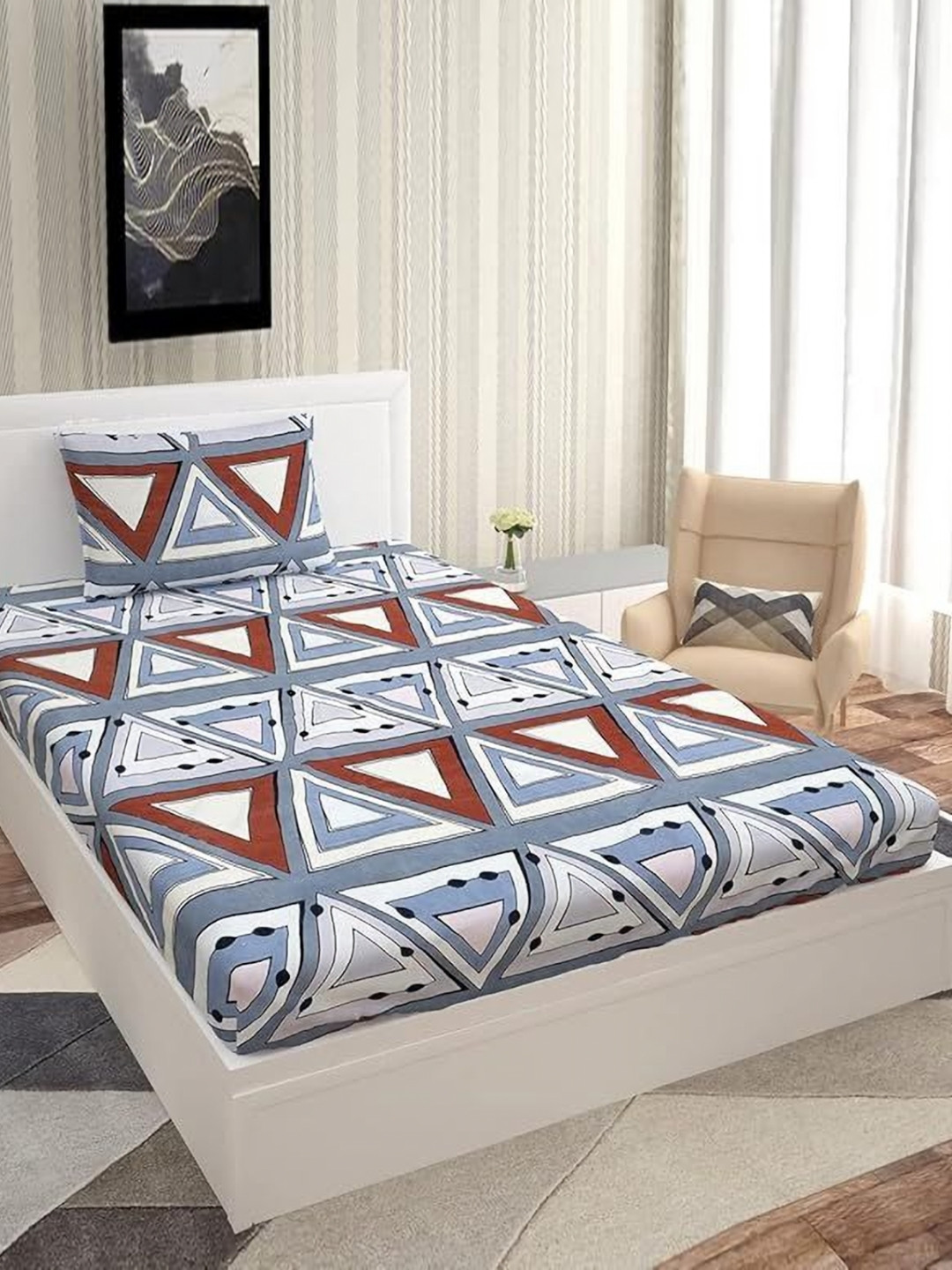 METRO LIVING Single Pearl Grey Geometric Microfiber 130 TC Single Bedsheet with a Pillow Cover-85 x 57 inches