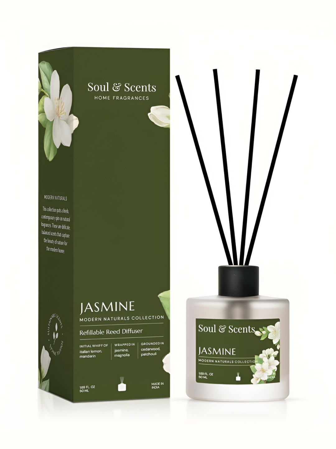 SOUL & SCENTS Jasmine Reed Diffuser With 5 Reed Sticks- 50ml