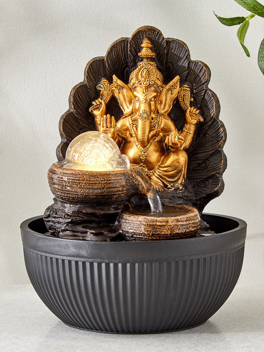 Home Centre Gold-Toned & Brown Alpine Ganesha With Rotating Ball Water Fountain