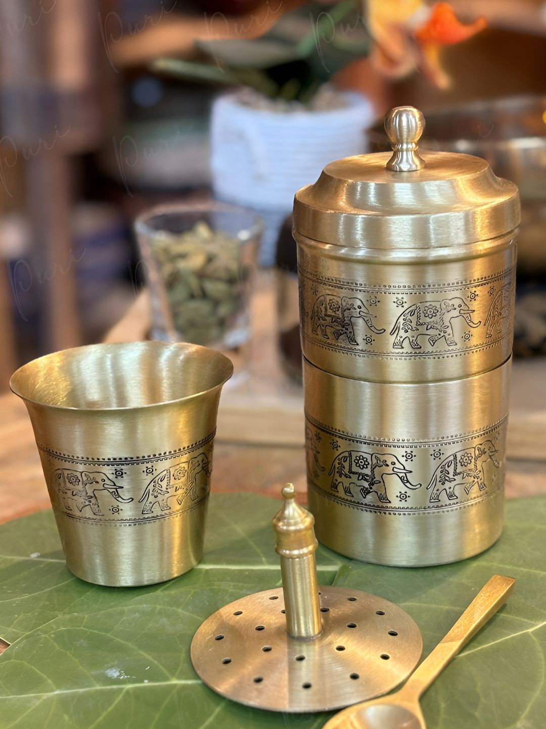 PURI Elephant Marathon Brass Matt Finish Coffee Filter with Dabara & 1 Small Spoon 150ml