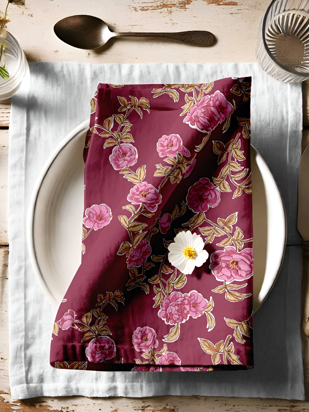 Vargottam 12 Piece Burgundy & Green Printed Cotton Table Napkins