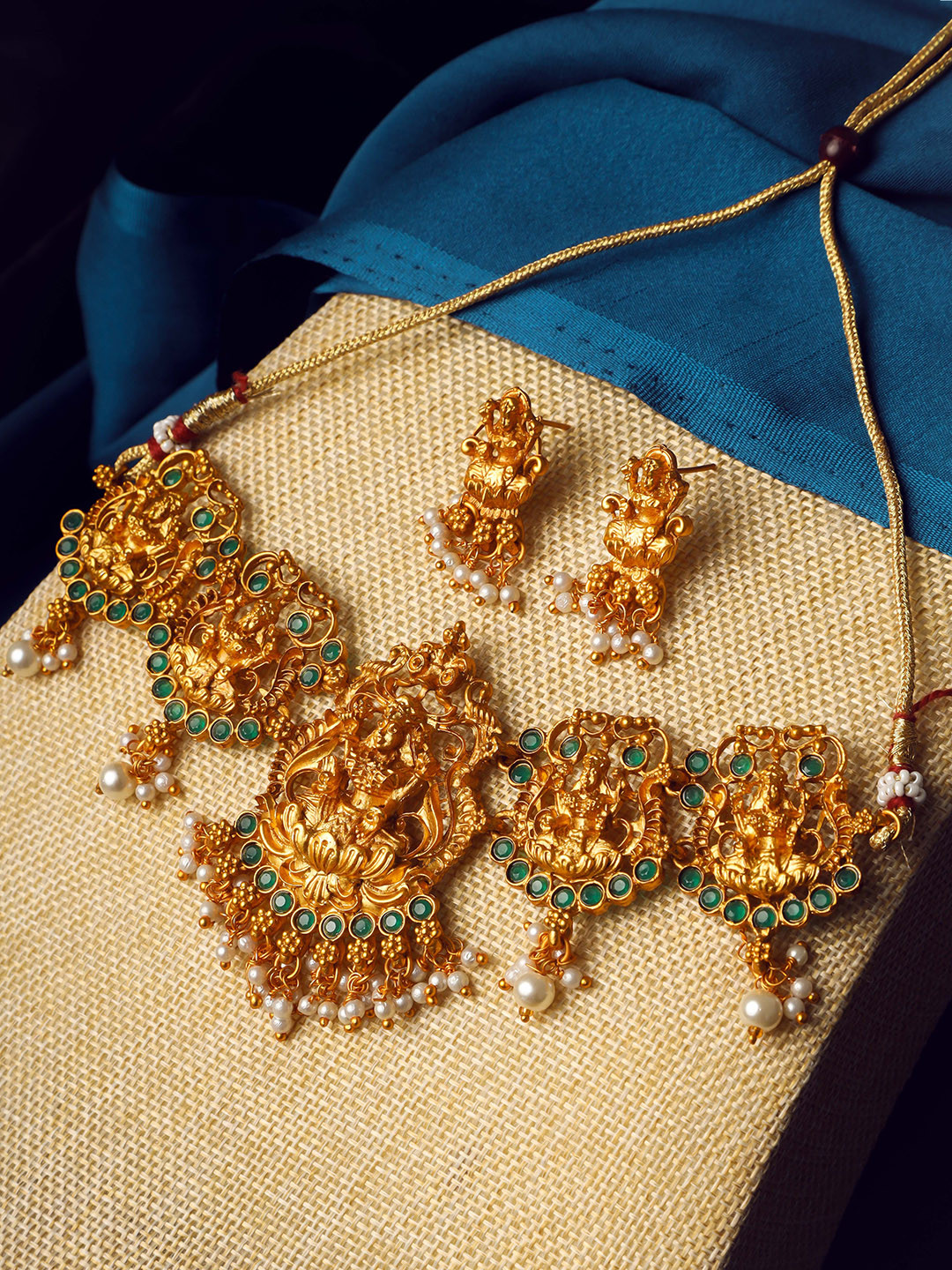 StileAdda Gold-Plated Stone Studded & Beaded Lakshmi Goddess Temple Jewellery Set