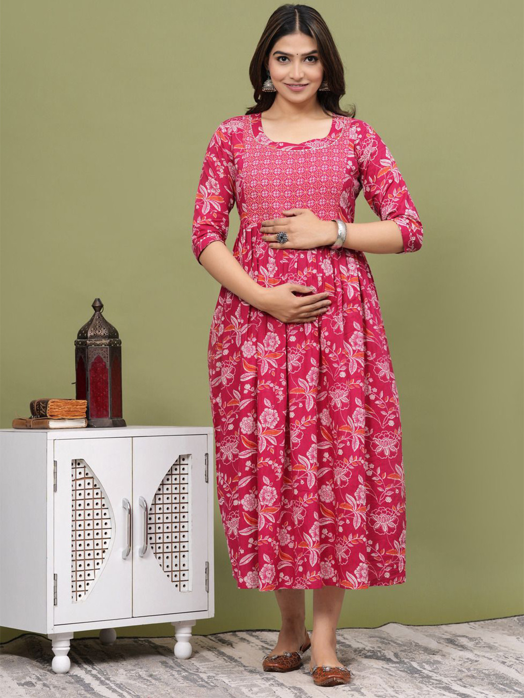 ANUOM Pink Floral Print Maternity Fit & Flare Dress