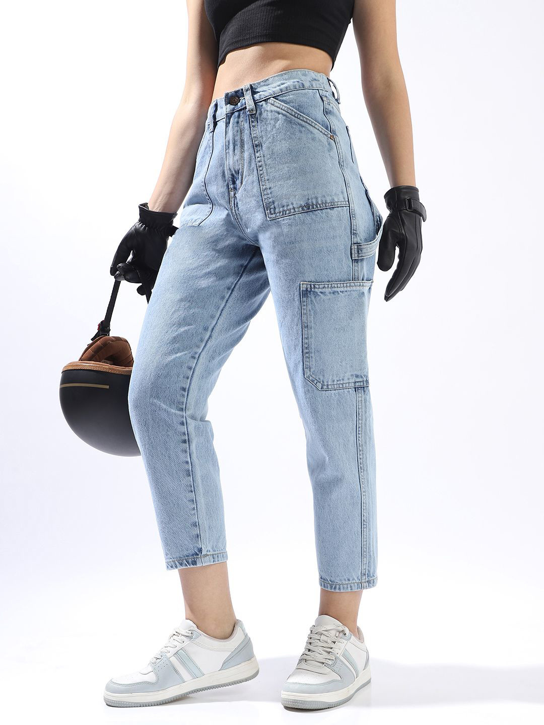 High Star Women Mom Fit Carpenter Utlity Cargo High-Rise Light Fade Cotton Crop Jeans