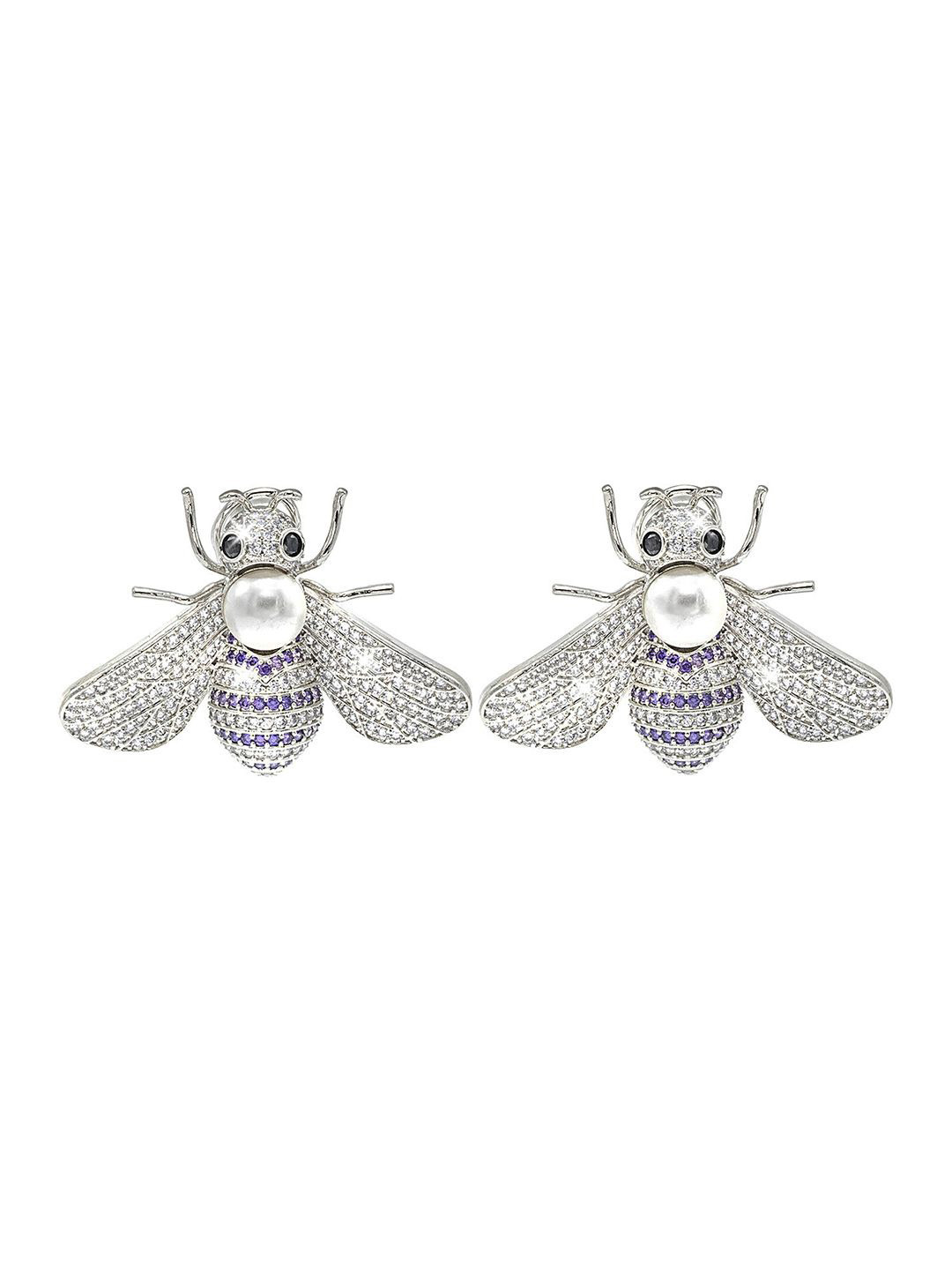Shining Jewel - By Shivansh Rhodium-Plated Stone Studded & Beaded Honey Bee Oxidised Studs