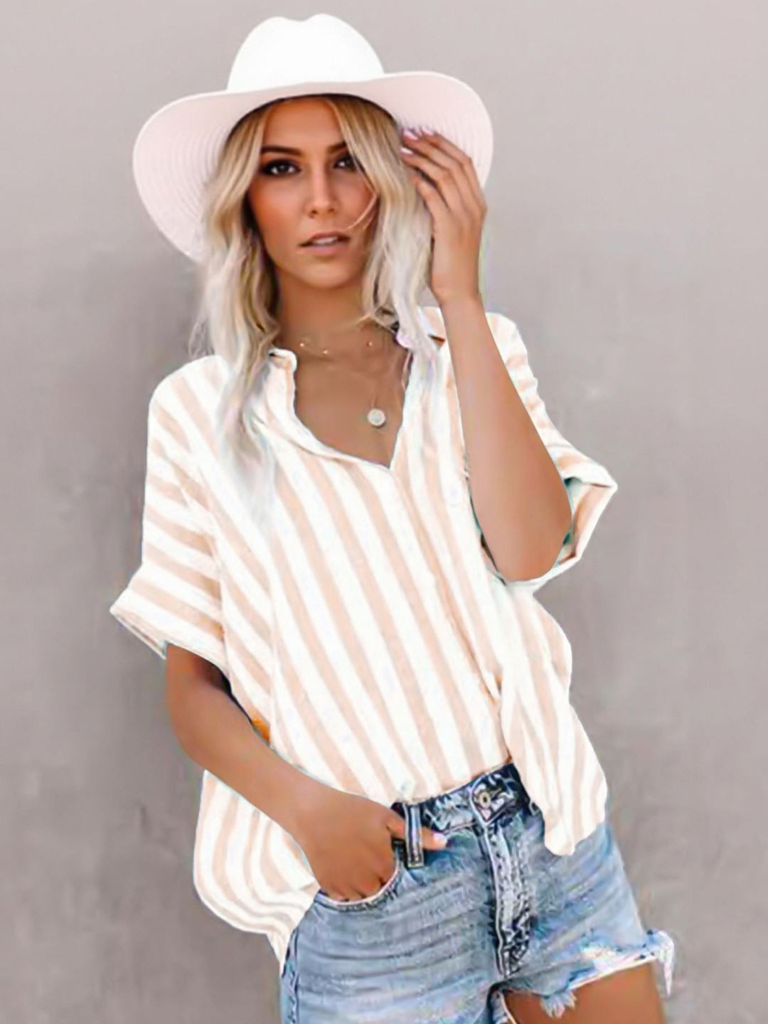 Coral Vertical Striped Shirt Collar Kimono Sleeve Top