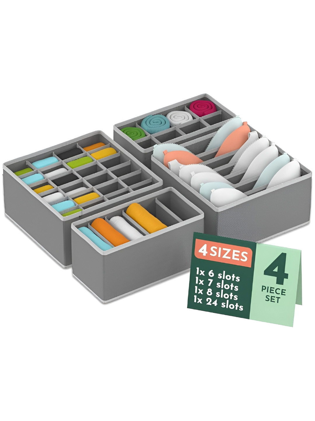 Aura Grey 4 Pcs Set Multicompartment Underwear Organisers Storage Box Wardrobe Organizer