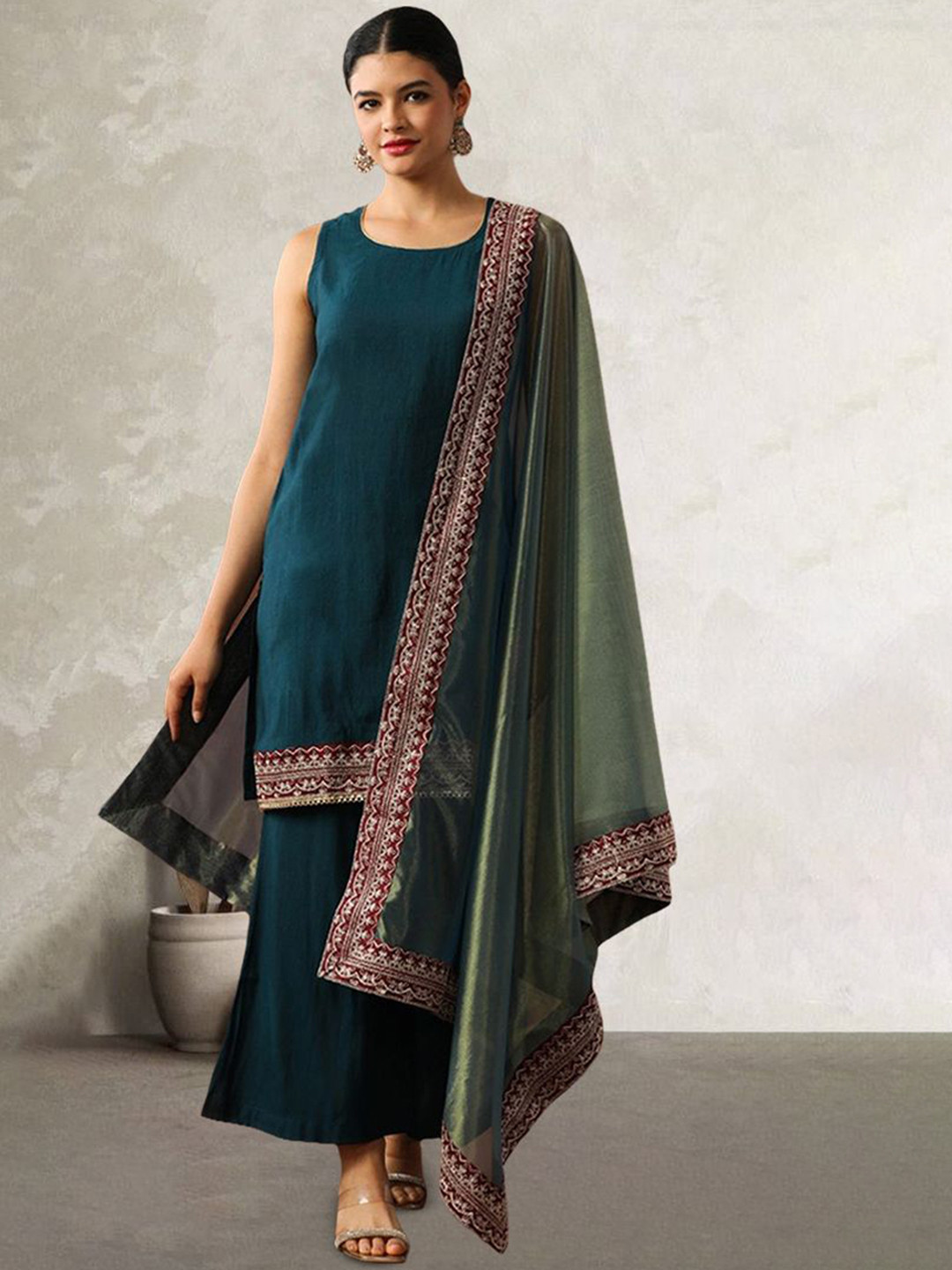 AVANSHEE Round Neck Sleeveless Sequinned Straight Kurta With Palazzos & Dupatta
