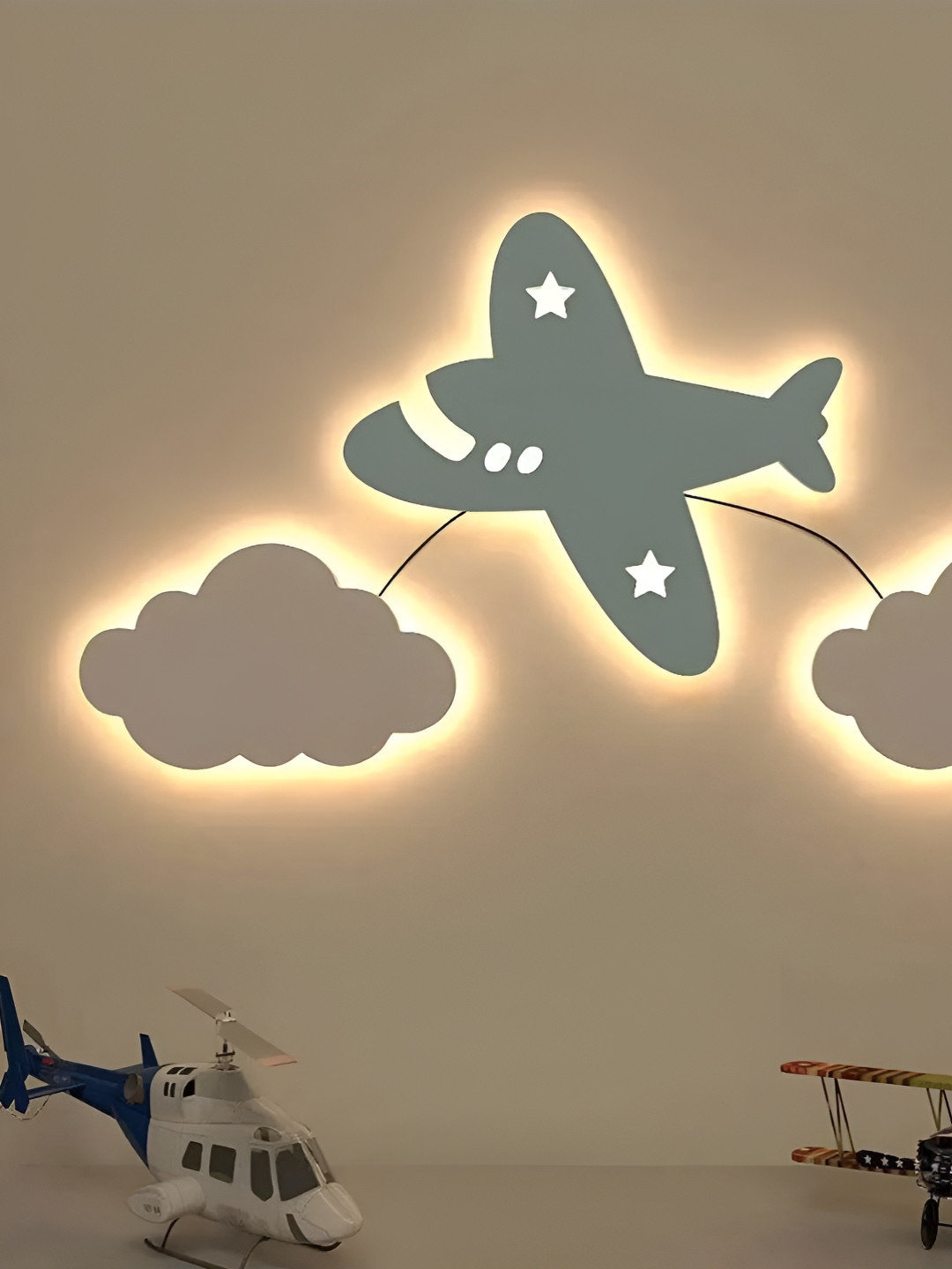 DEKORSTATION Blue & White Textured Wooden Aeroplane Flying on the Cloud Shaped Wall Lamp