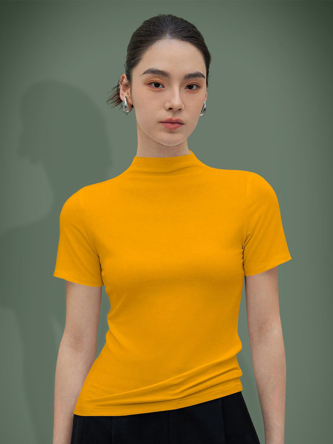 Dream Beauty Fashion top-67-tripta-yellow  Women Solid High Neck Short Sleeve Top