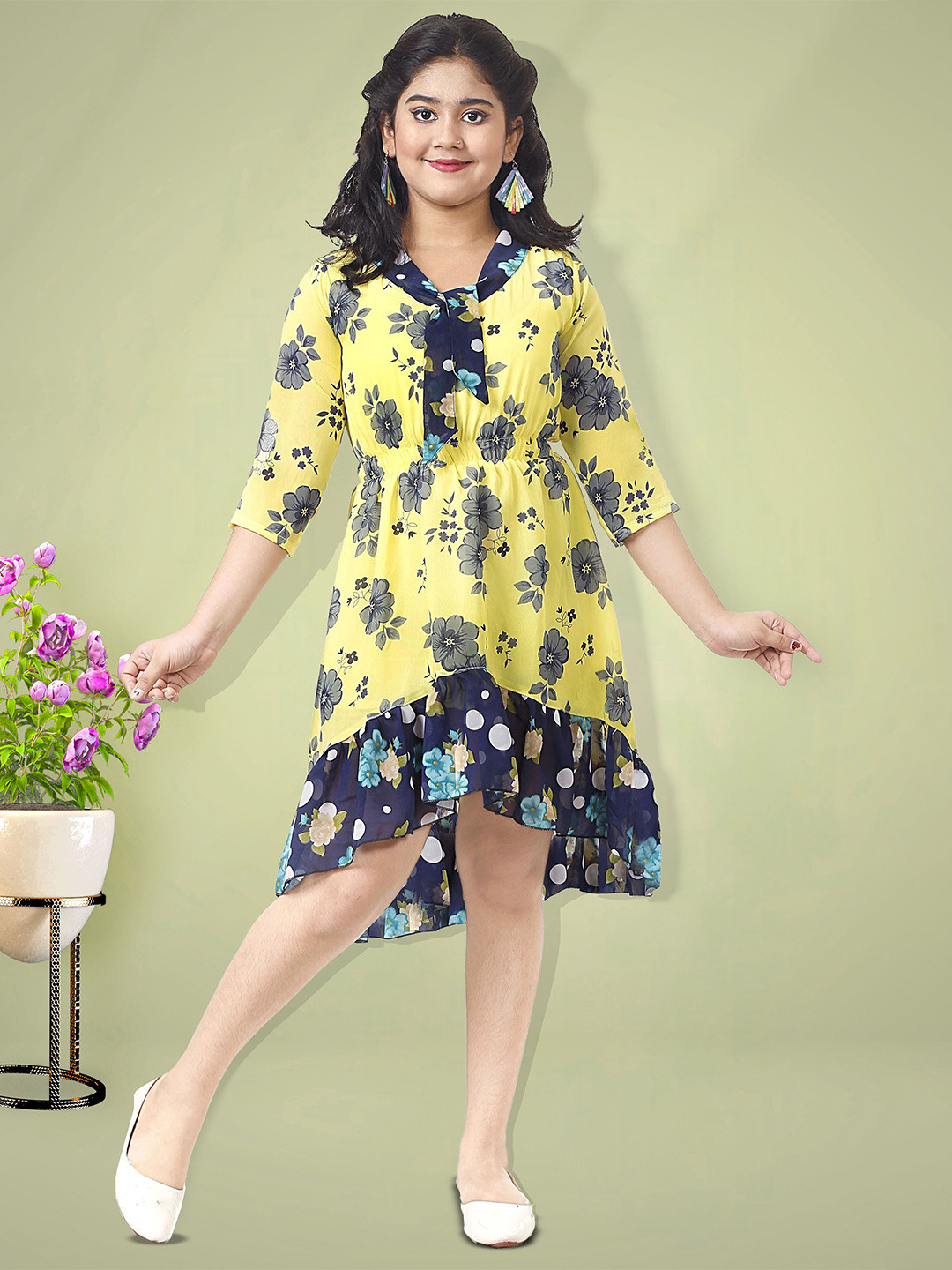 KRISHTINA Girl Floral Print Scarf Neck Georgette Fit & Flare Dress