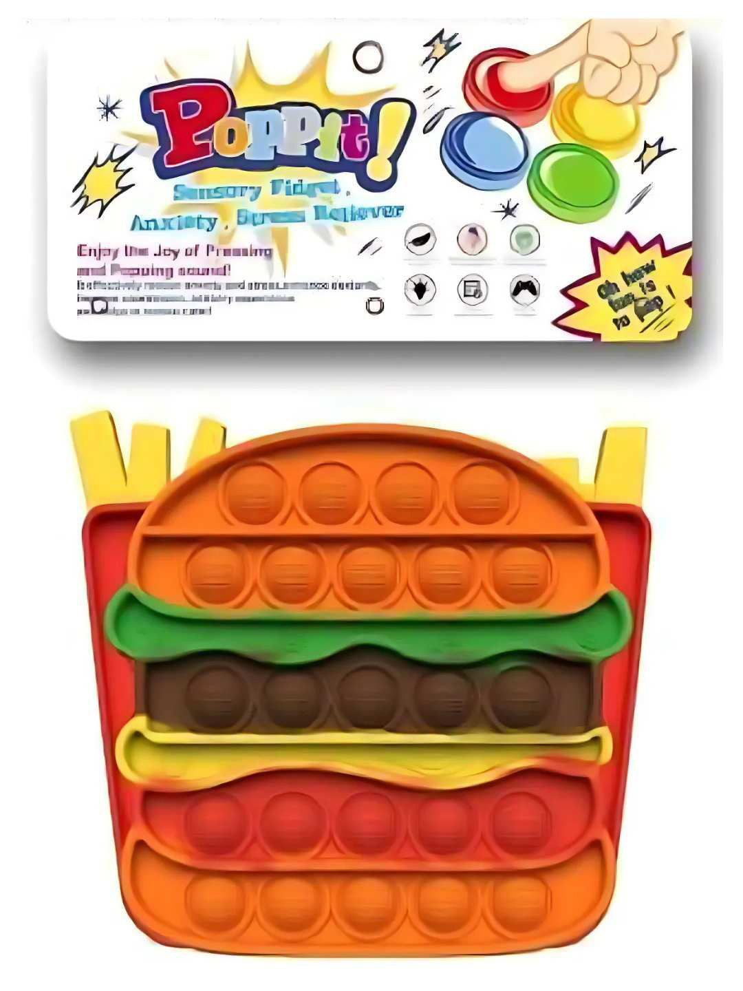 YK Pack of 2 Pop It Bubble Sensory Fidget Toy  Burger & French Fries