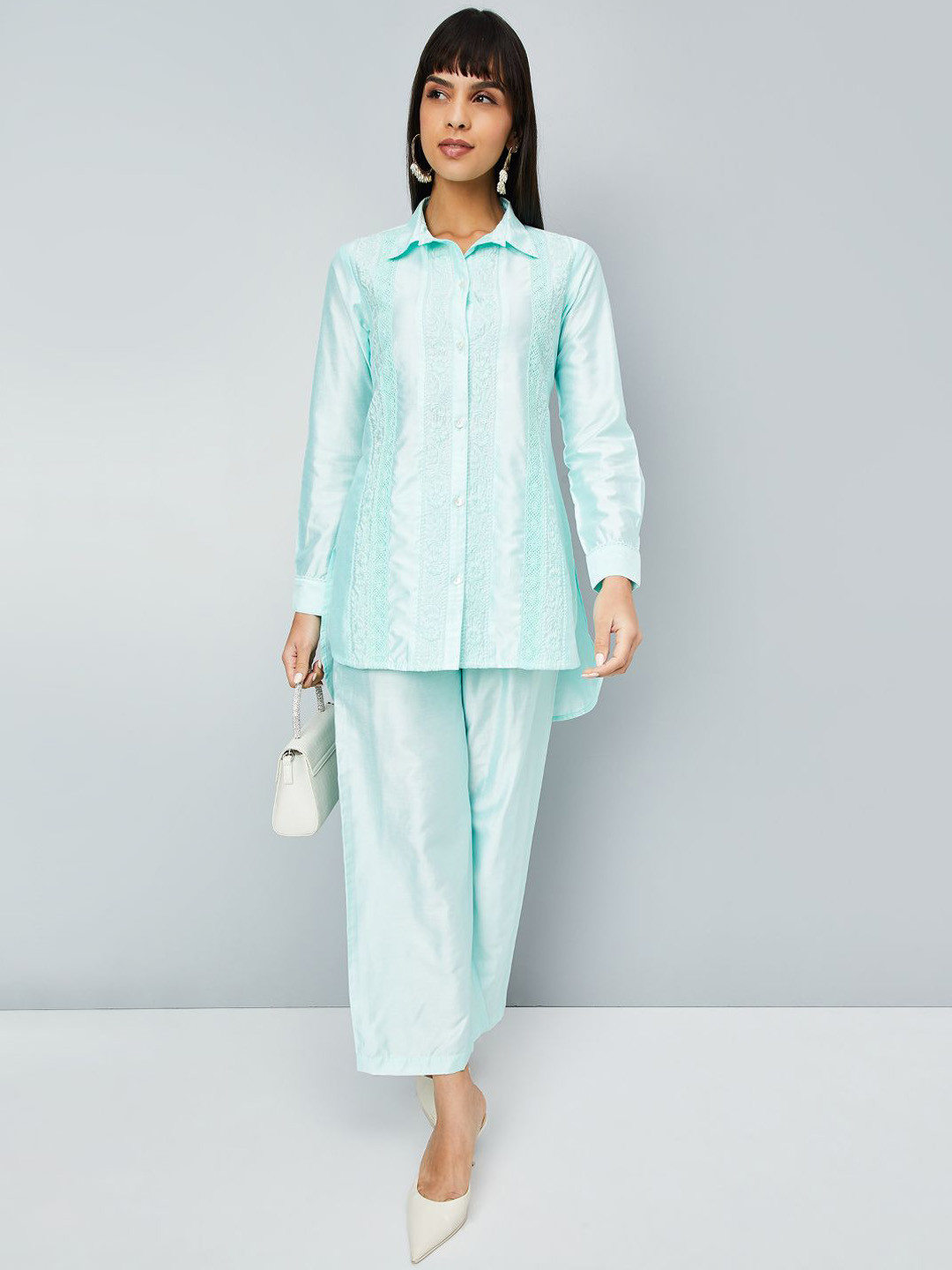 max Embroidered Long Sleeves Chanderi Shirt With Palazzo