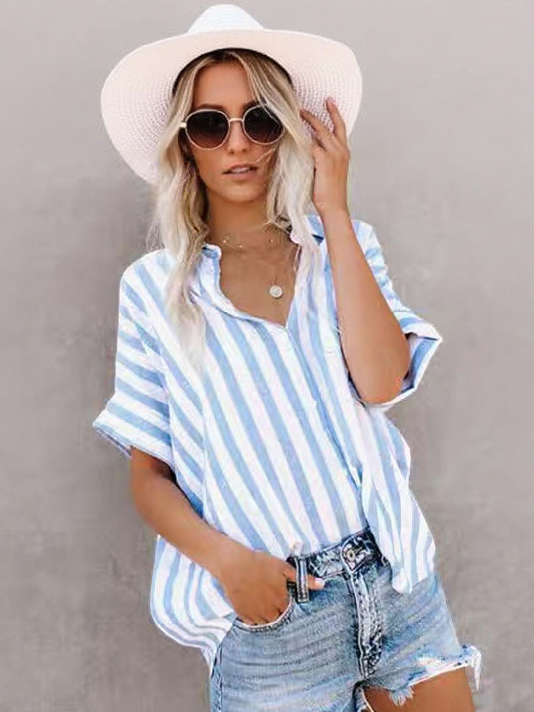 Outzidr Light Blue Oversized Striped Shirt
