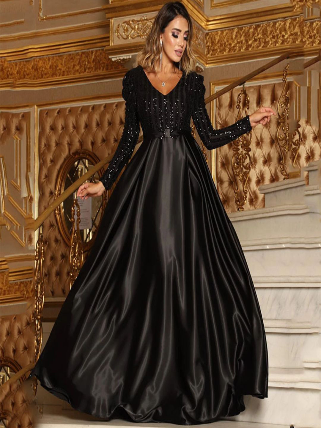 bebe Black Embellished Bodice Puff Sleeve Satin Maxi Gown