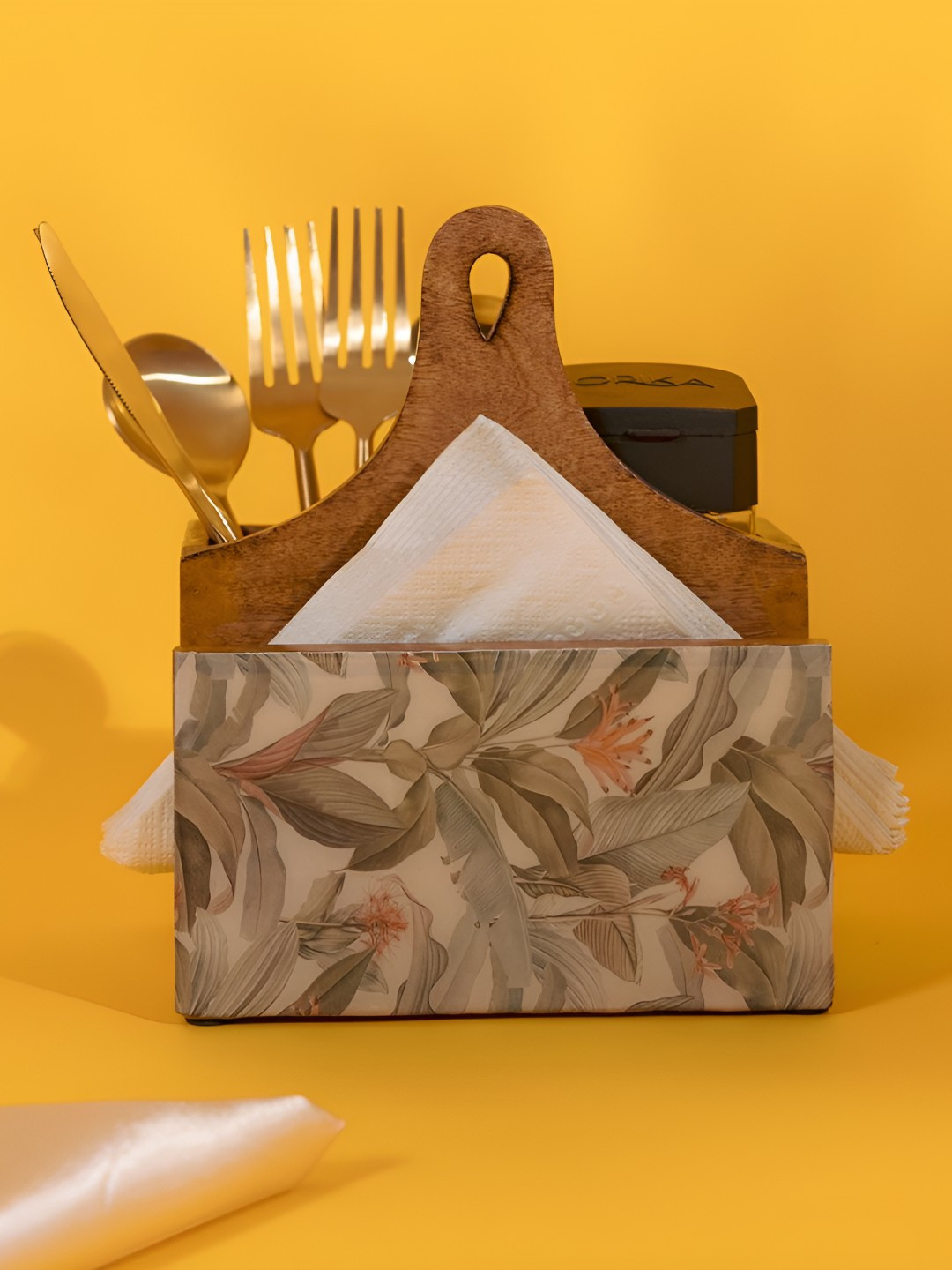 THREADVIBE LIVING Brown & Green Tropical Pattern Wooden Cutlery Holder