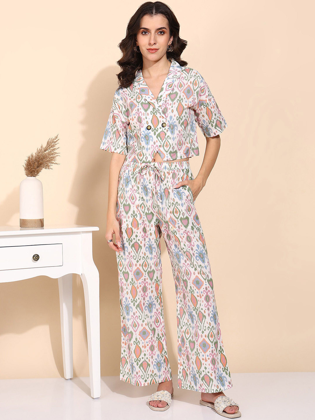 Zenava by Myntra Printed Cotton Blazer With Trousers Co-Ords