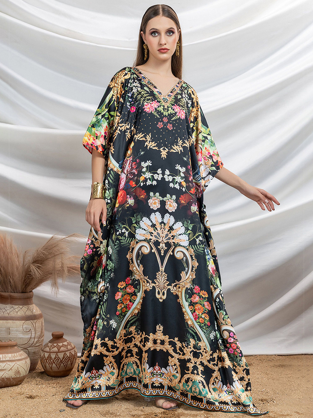 LABEL AARNA Midnight Shadow Soft Satin Kaftan Dress with Rhinestones