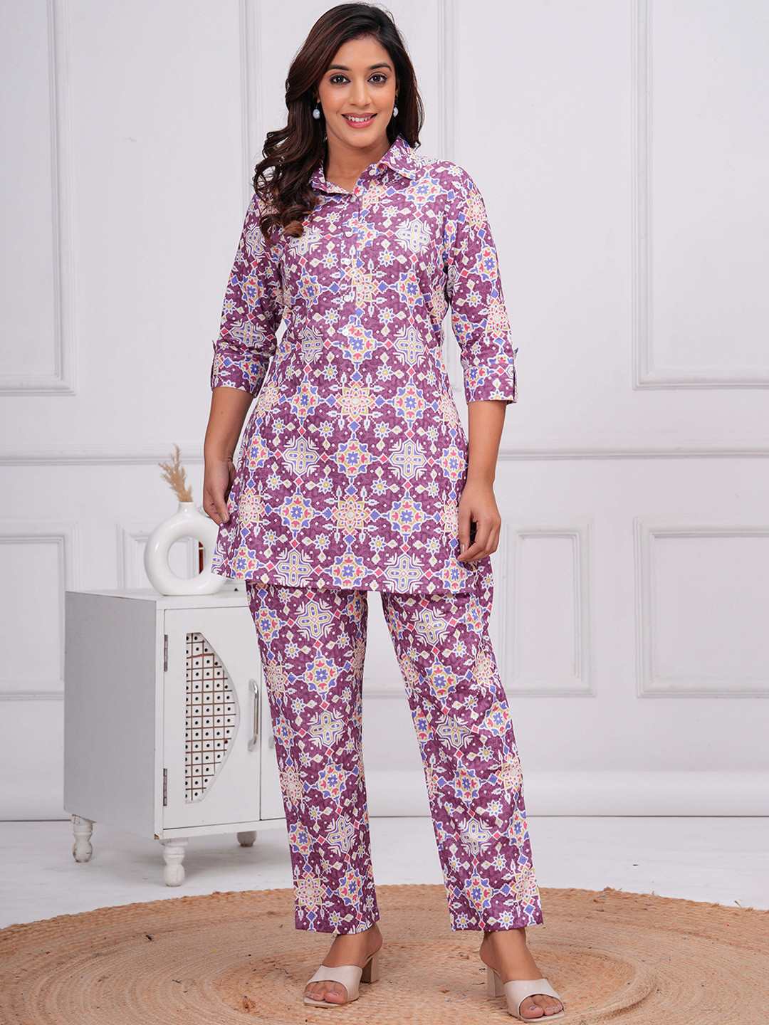 BAESD Printed Shirt Collar Pure Cotton Tunic with Trousers