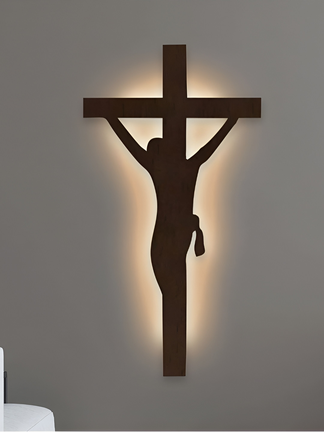 DEKORSTATION Brown Textured Wooden Jesus on Cross Shaped Wall Lamp