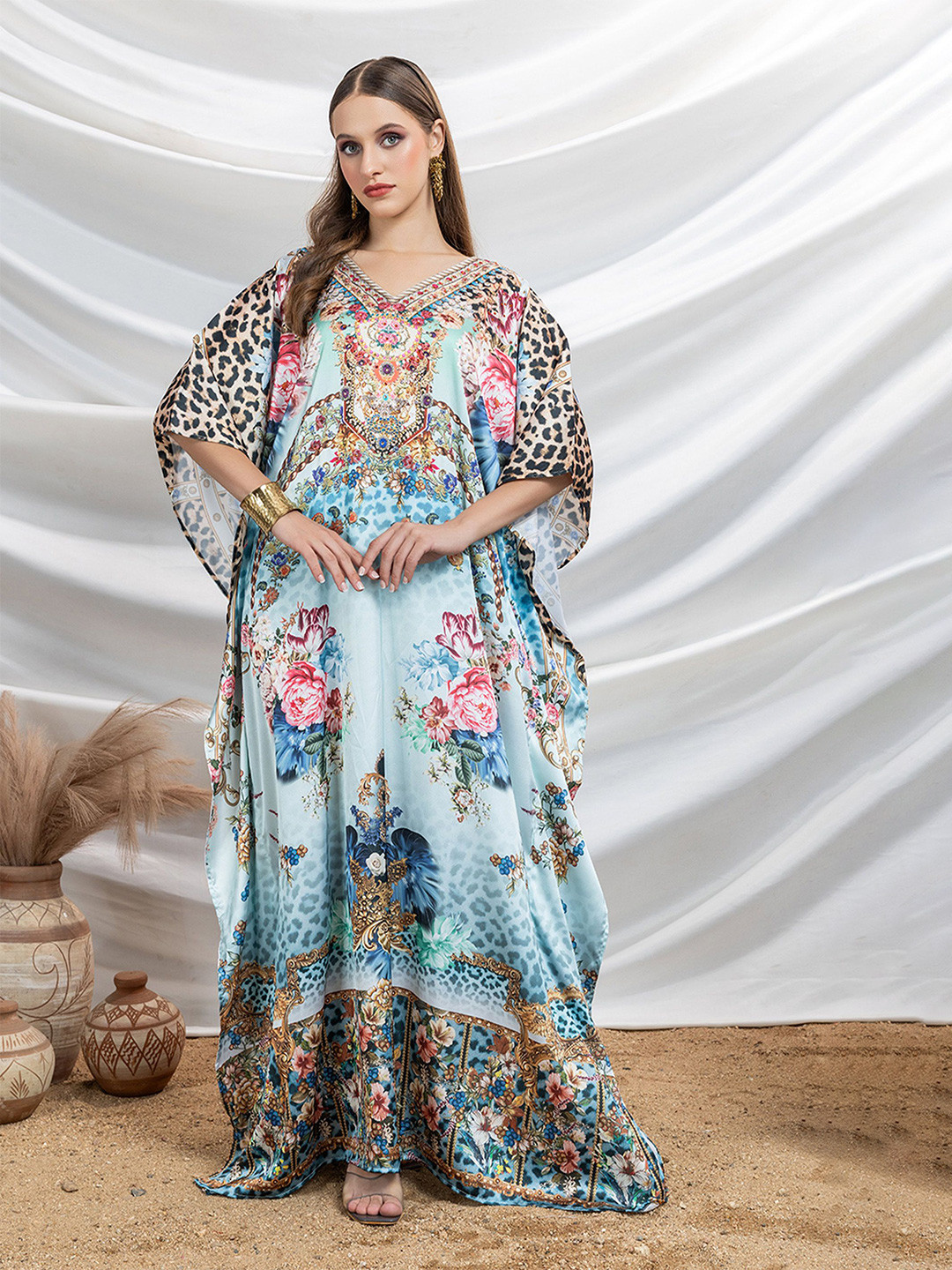 LABEL AARNA Women Sapphire Petals Soft Satin Kaftan Dress with Rhinestones