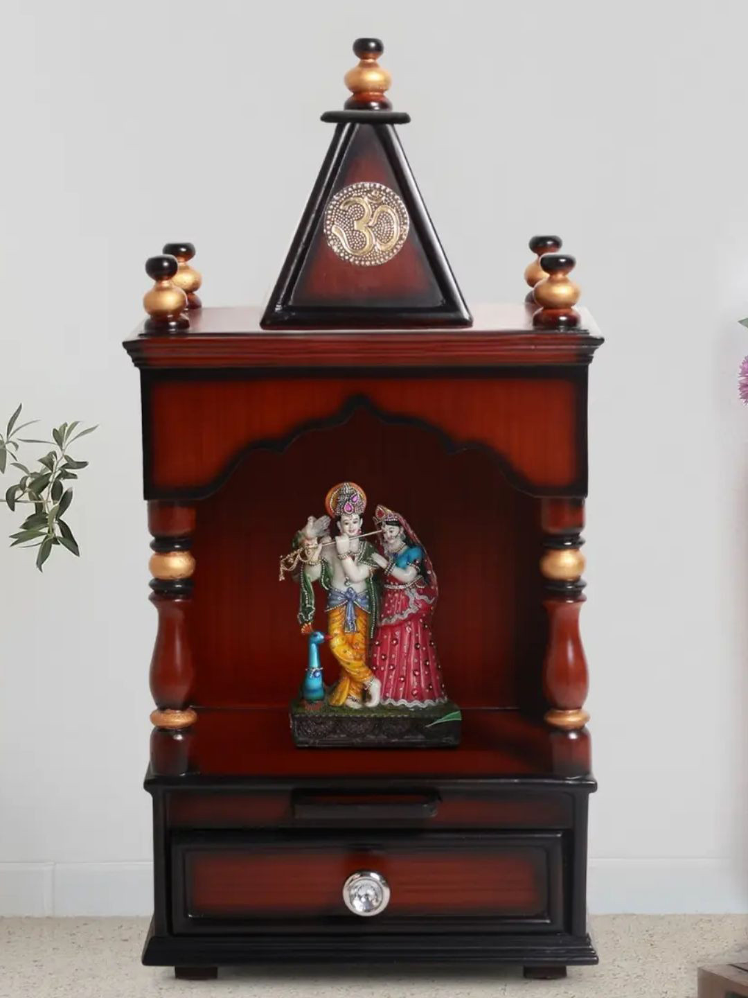 DZYN Furnitures Brown & Yellow Wooden Satvika Wall Mount Pooja Mandir