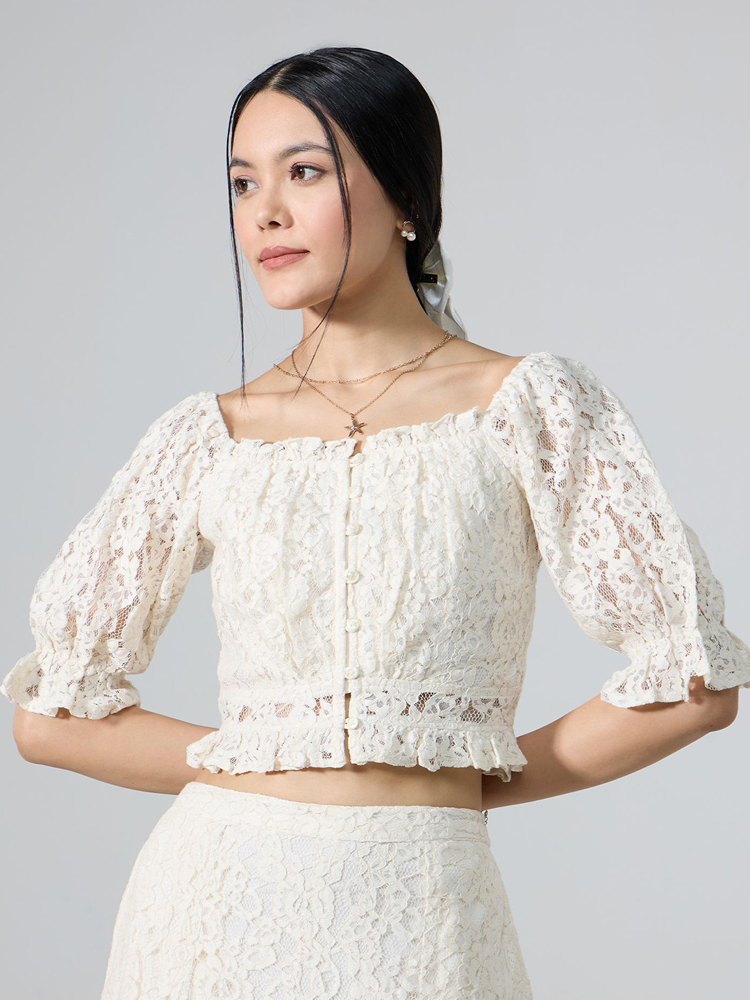 20Dresses Puff Sleeve Cotton Lace Blouson Crop Top
