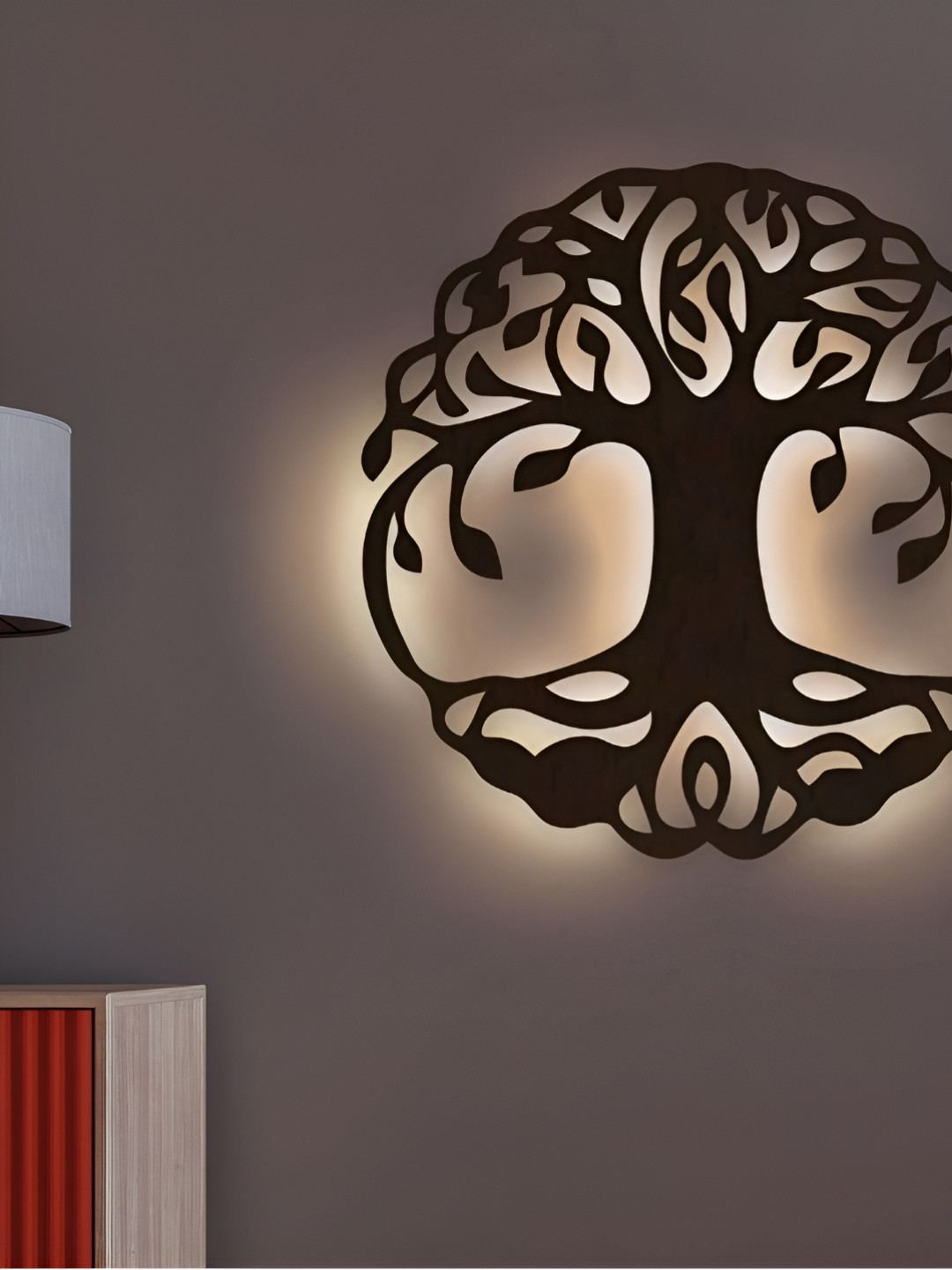 DEKORSTATION Brown Textured Wooden Round Shape Laser Cut Tree of Life Shaped Wall Lamp