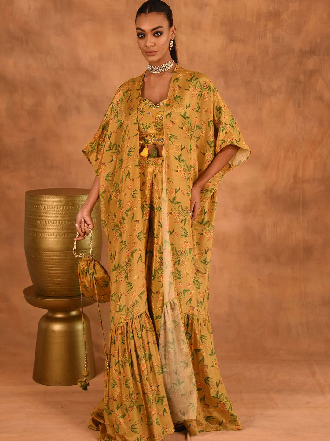 Laalzari Yellow Floral Printed Crop Top Palazzo Cape Set