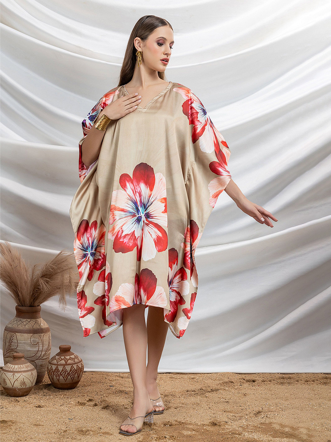 LABEL AARNA Crimson Elegance Soft Satin Short Women Dress Kaftan