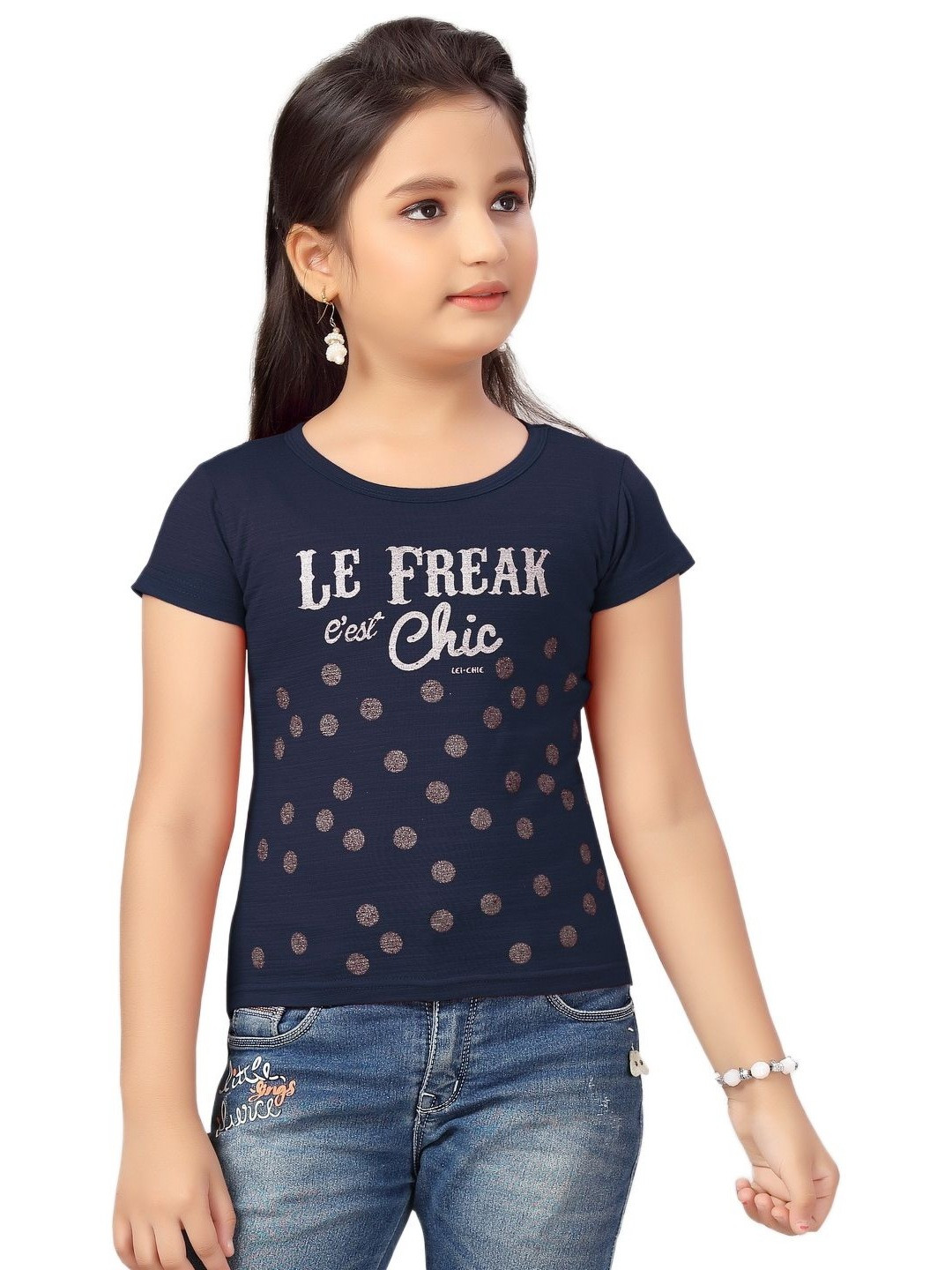 Lei-Chie Girls Polka Dots Printed Round Neck Cotton T-shirt