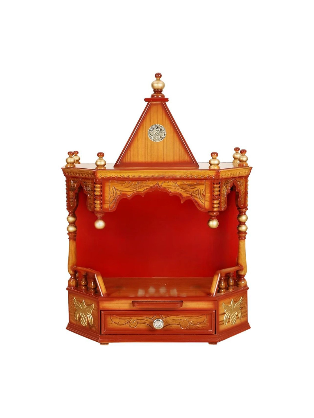 DZYN Furnitures Brown & Yellow Textured Wooden Anugrah Pooja Mandir Without Door
