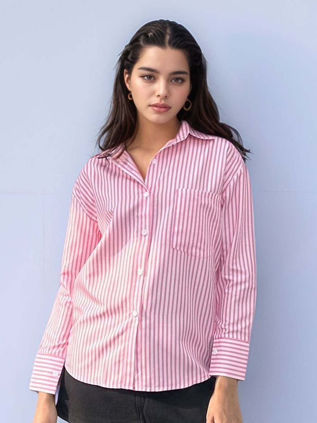 Outzidr Pink Vertical Striped Shirt Collar Top