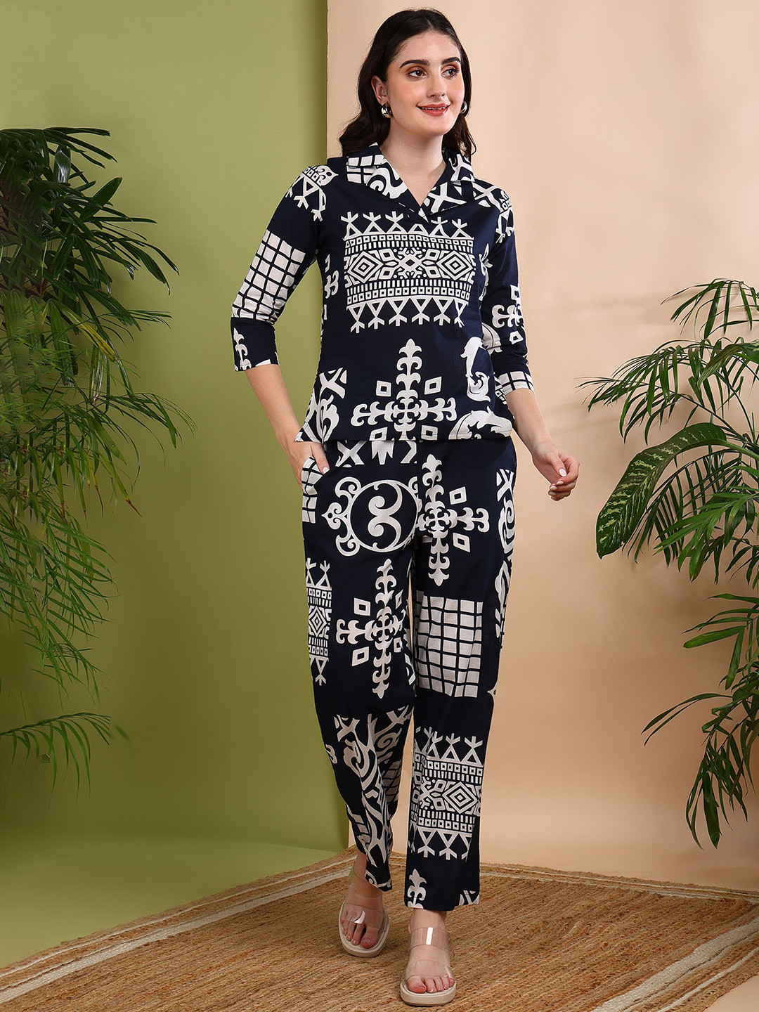 Zenava by Myntra Printed Cotton Top With Trousers Co-Ords