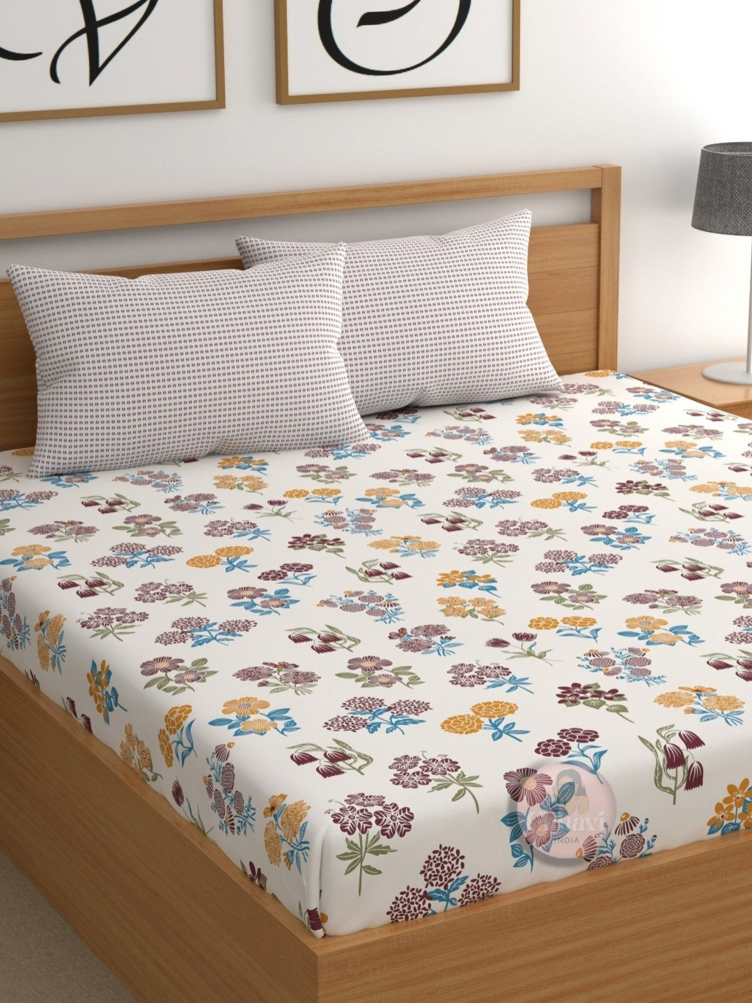 CHHAVI INDIA Book Fold Off White Floral Microfiber 210 TC King Fine Bedsheet with 2 Pillow Covers-108 x 108 inches