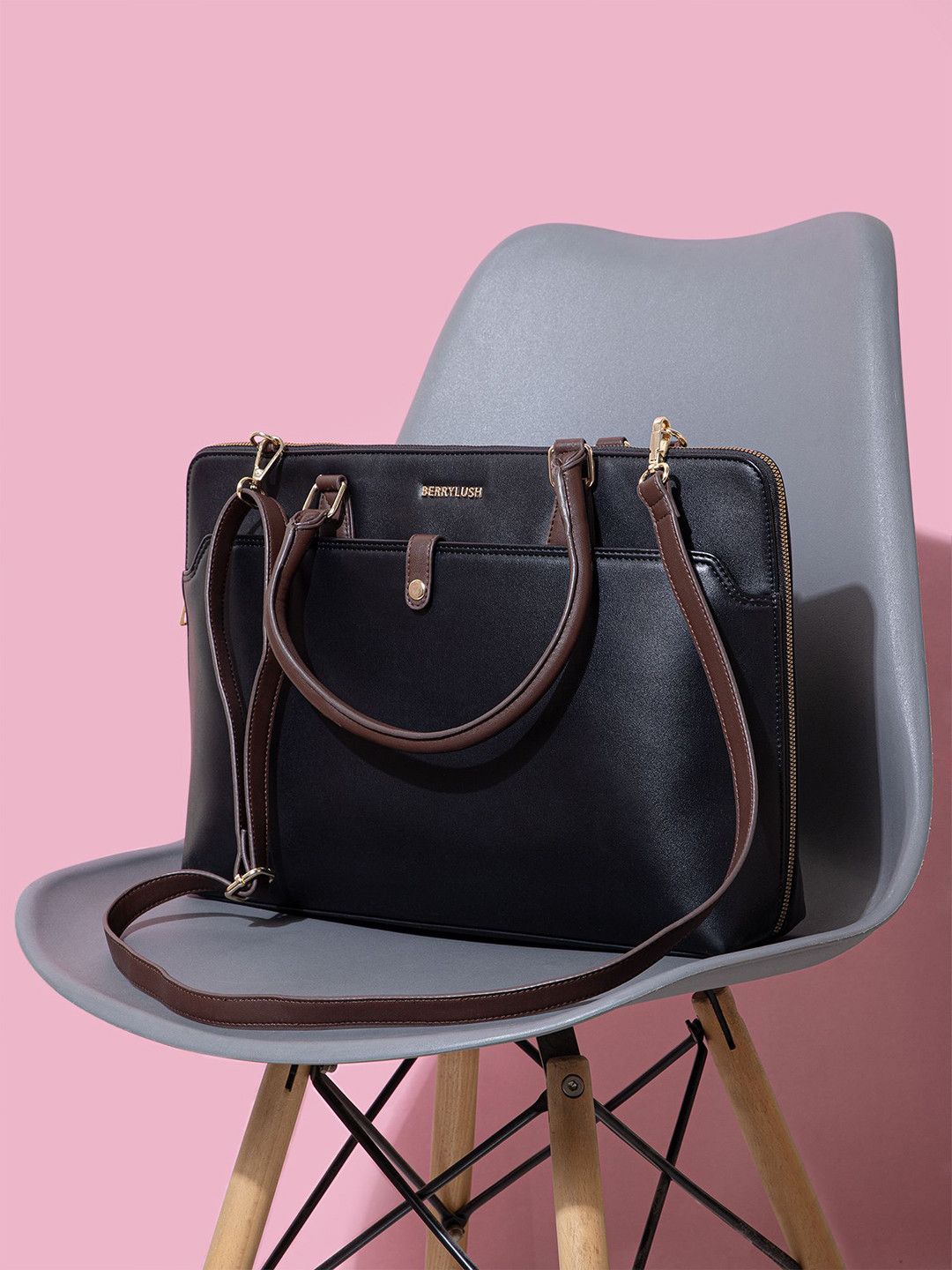 Berrylush Black Solid Two Handle Casual Women Laptop Bag