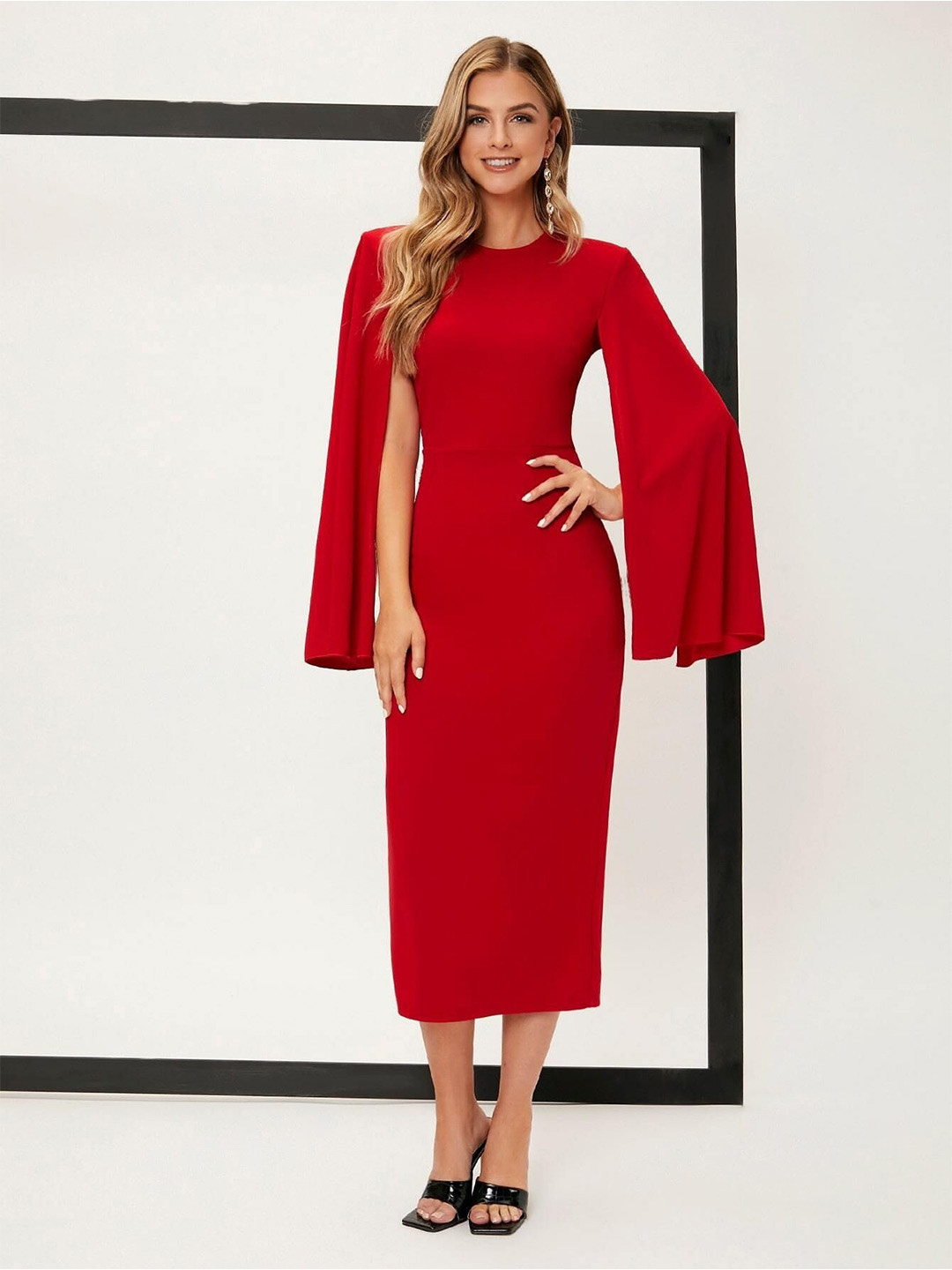 SZN Women Cherry Red Slit Sleeve Sheath Midi Dress