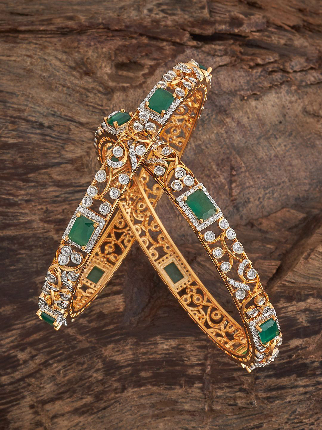Kushal's Fashion Jewellery Green Rhodium Gold-Plated Party Zircon Bangles
